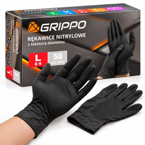 Rękawice nitrylowe GRIPPO Czarne L 50szt tekstura diamentu bezpudrowe